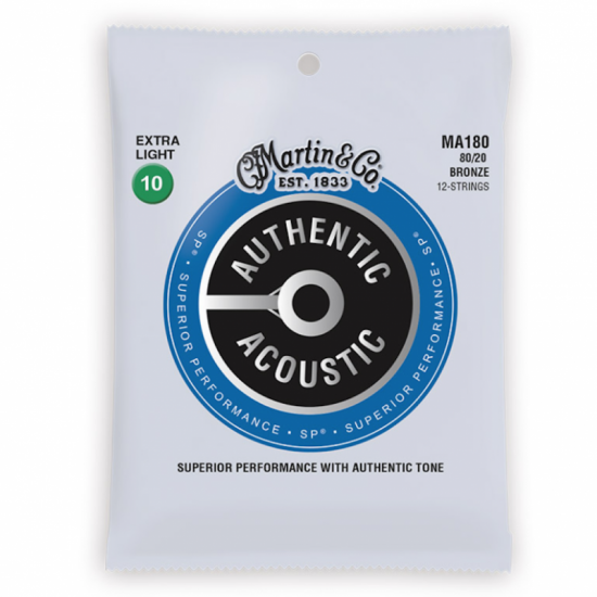 Martin MA180 12 String Acoustic Guitar Strings SP 80/20 Extra Light (10-47)
