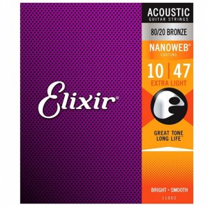 Elixir Nanoweb E11002, 80/20 Bronze Acoustic Guitar Strings Ex Light 10-47
